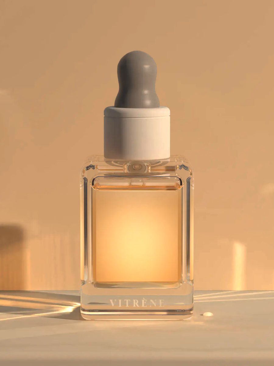 The bottle in late-afternoon light on the travertine ledge.